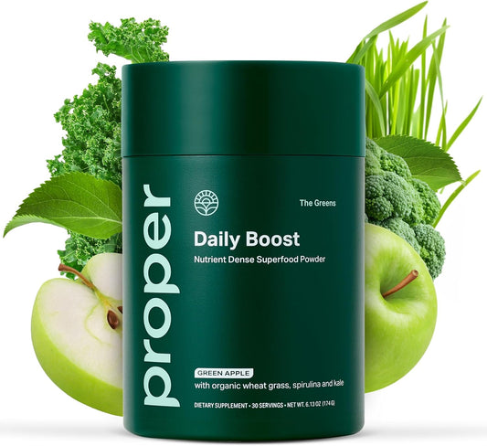 Proper, The Greens Daily Boost Organic Greens Powder. Whole Food, Apple Flavor Veggie Powder Superfood with Wheatgrass, Spirulina, Chlorella, Probiotics. Daily Drink Mix for Wellness and Digestion