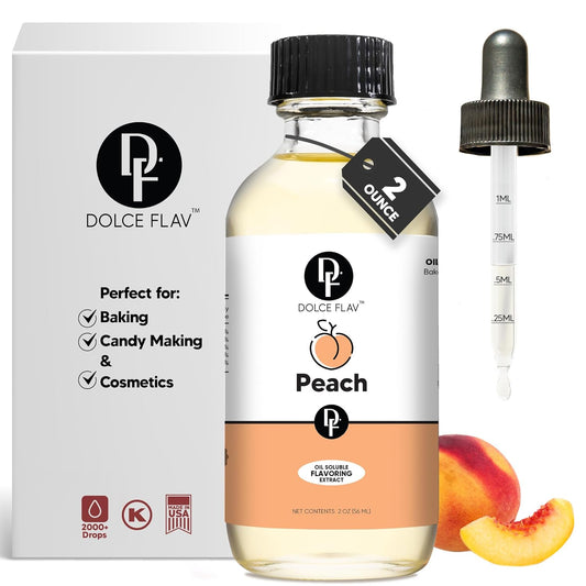 Dolce Flav Peach Extract – 2 Ounce Oil-Soluble Kosher, Sugar-Free, Concentrated Juicy Peach Flavoring for Baking, Chocolates & Desserts, Includes Measured Dropper