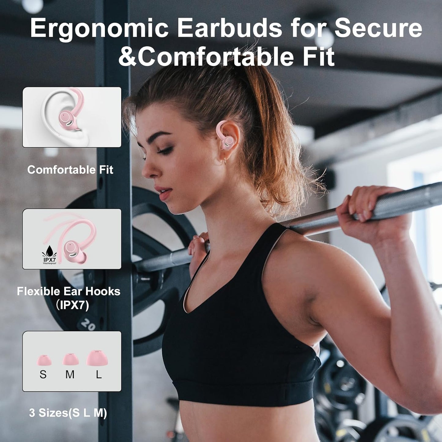 Wireless Earbuds Bluetooth 5.3 Headphones Sports, 48Hrs Playtime Bluetooth Earbuds with CVC 8.0 Mic, 2025 Stereo Bass Over Ear Bud with Earhooks, LED Display, IP7 Waterproof Earphon for Running Rose