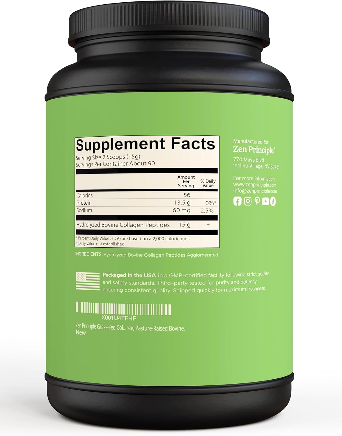 Zen Principle Grass-Fed Agglomerated Hydrolyzed Collagen Peptides 3 lb. Anti-Aging Protein Powder for Healthy Hair, Skin & Joints. Paleo and Keto Friendly, GMO and Gluten Free, Pasture-Raised Bovine.