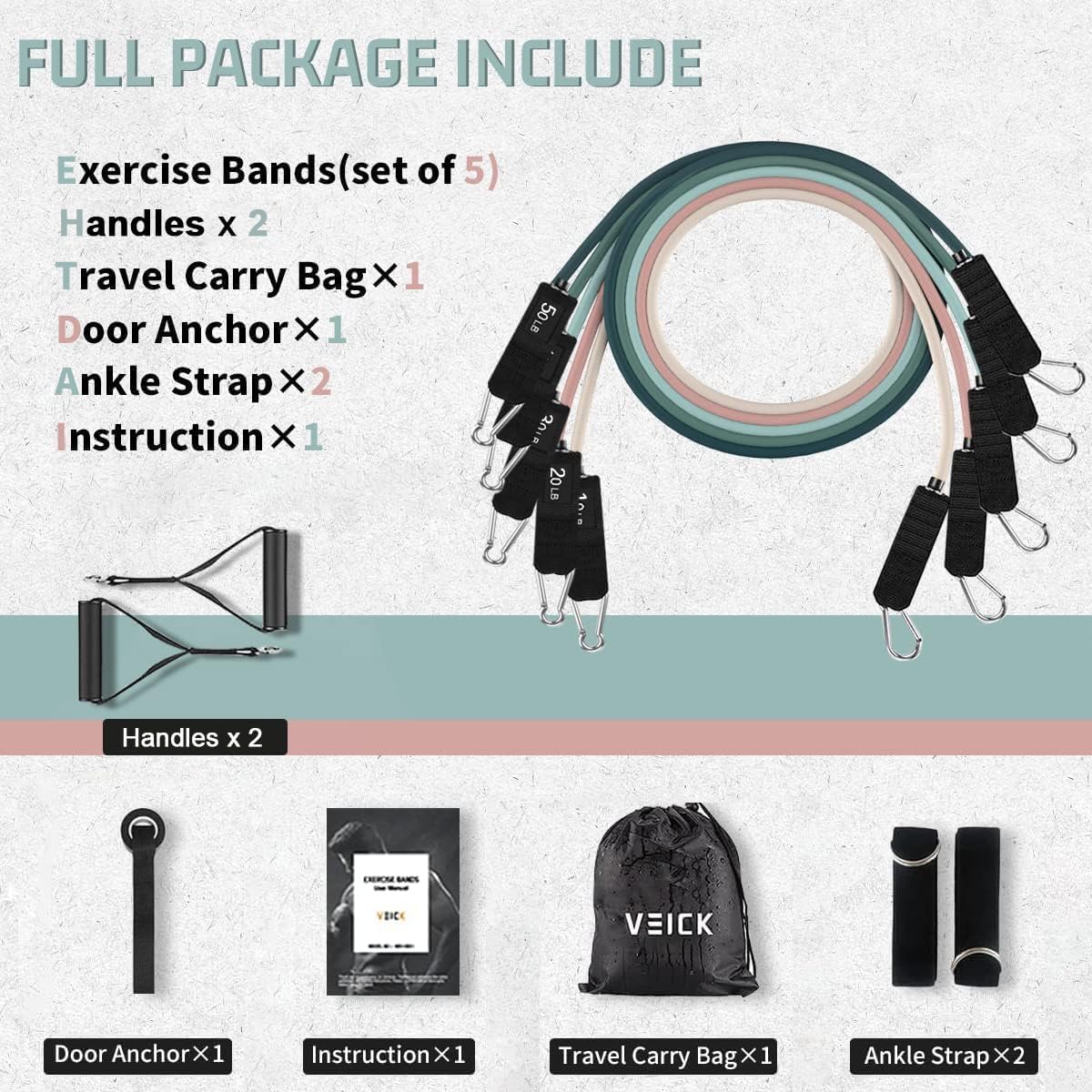 VEICK Resistance Bands, Exercise Bands, Workout Bands, Resistance Bands for Working Out with Handles for Men and Women, Exercising Bands for Fitness Weights Work Out at Home