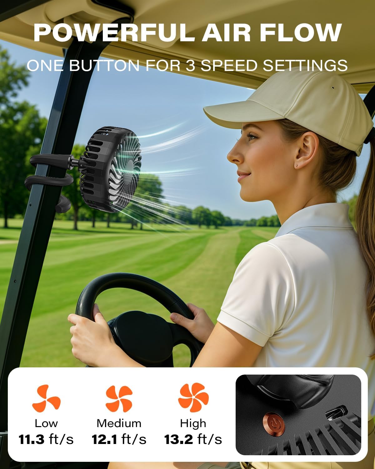 A2C Golf Cart Fan Rechargeable – 3-Speed, 360° Adjustable Gooseneck | 4000mAh Battery | Compatible with Golf Carts & Push/Pull Carts