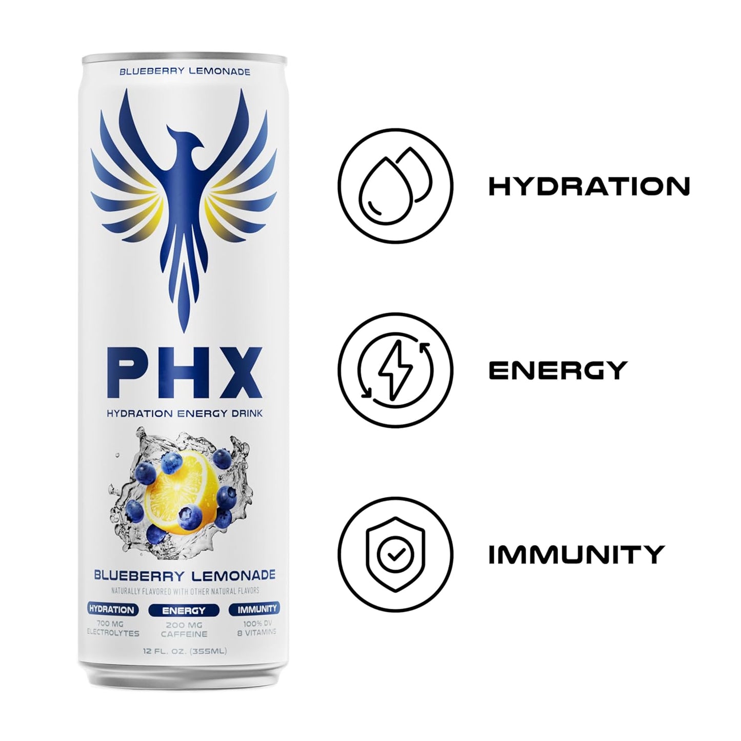 PHX Hydration Energy Drink - 700mg Electrolytes, 200mg Natural Green Tea Caffeine, 100% Daily Value 8 Essential Vitamins - 12 oz Cans (12 Pack) (12 Pack, Blueberry Lemonade)