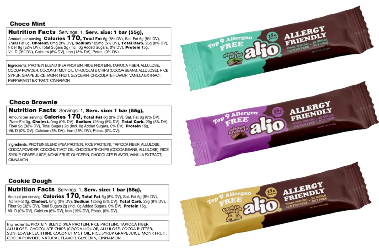 Alio Protein Bars - 3-Flavor Combo Box (12 Bars) – Free From The Top 9 Food Allergens, High Protein, Low-Calorie, Vegan, Gluten-Free, Nut-Free, Non-GMO, Plant-Based, Seed Oil Free, Delicious & Healthy Snack