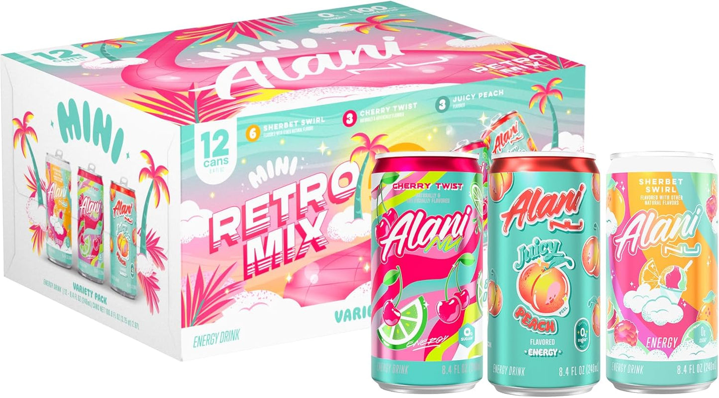 Alani Nu RETRO VARIETY PACK (Sherbet Swirl, Juicy Peach and Cherry Twist), Low Calorie Energy Drinks, 100mg Caffeine, Biotin, B Vitamins, Zero Sugar, 10 Calories or Less, 8 Fl Oz Cans, 12 Pack