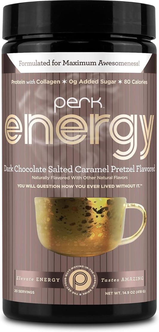 Perk Energy Original Dark Chocolate Salted Caramel Pretzel (20 Servings) - Gluten Free, Soy Free, Peanut Free