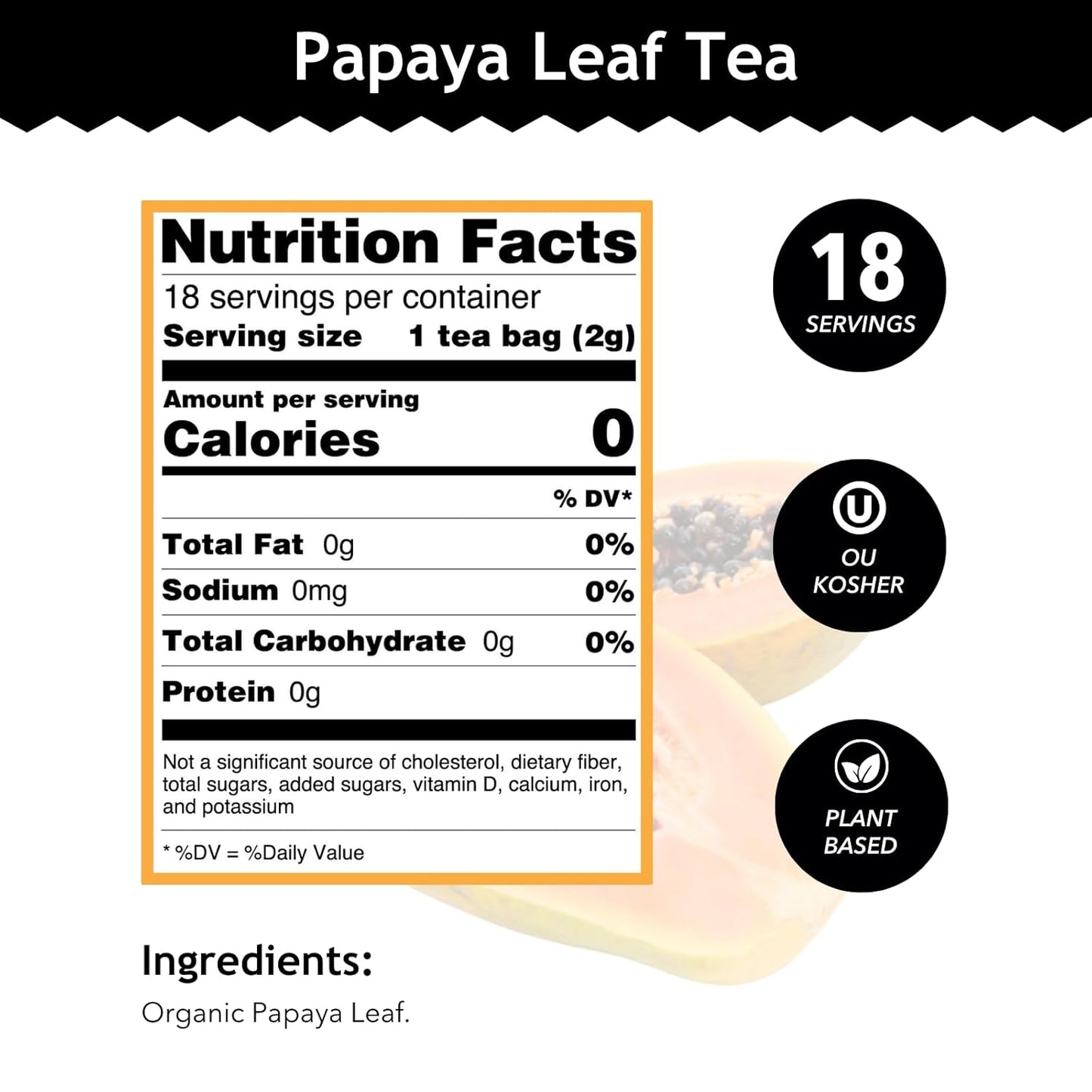 Buddha Teas Organic Papaya Leaf Tea - OU Kosher, USDA Organic, CCOF Organic, 18 Bleach-Free Tea Bags
