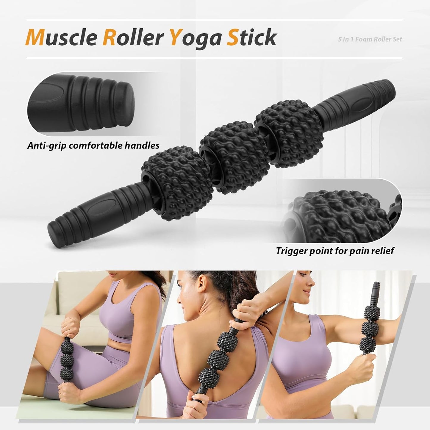 5 in1 Foam Roller Set, Trigger Point Foam Roller, Massage Roller Stick, Massage Ball, Resistance Band for Deep Muscle Massage Pilates Yoga,Fitness Exercise for Whole Body (Pure Black)
