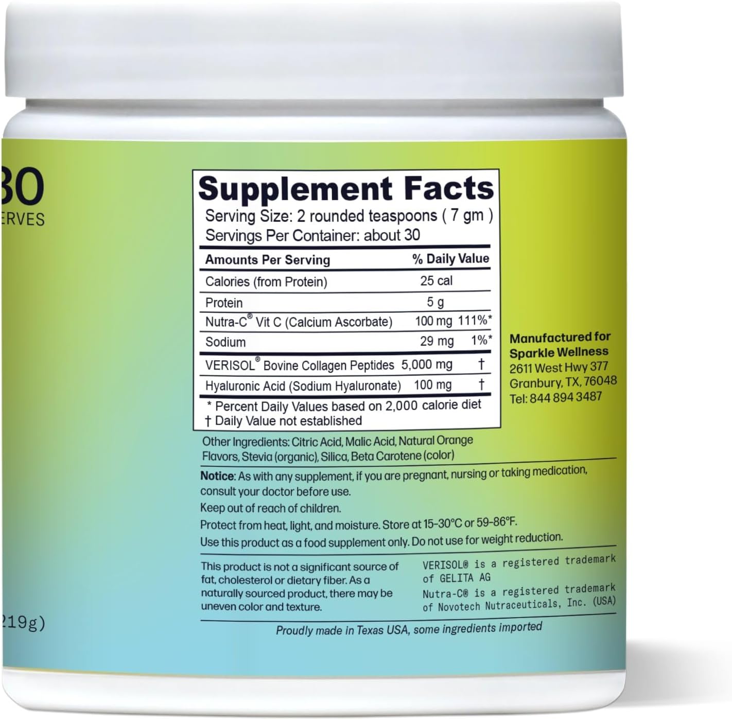 Sparkle Wellness Skin Boost Plus Verisol Collagen Peptides Protein Powder Vitamin C Orange Plus Supplement Drink, 7.7 oz