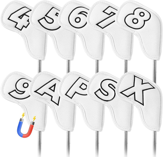 Golf Iron Covers Set Strong Magnetic Closure Value 10 Pack, Double Side Number Synthetic Leather Deluxe Club Headcover, Universal Head Cover Fit Main Irons Clubs for Women Men