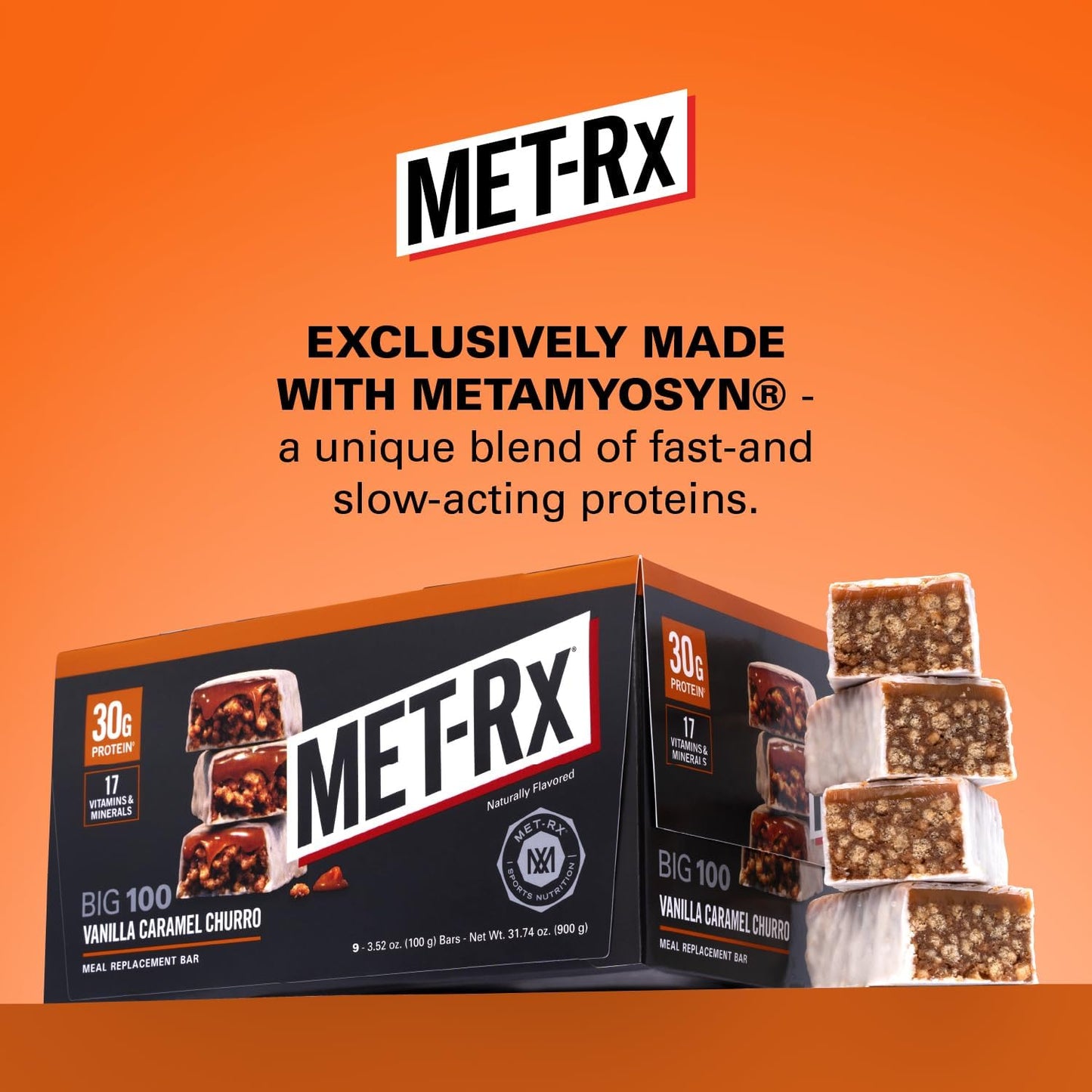 MET-Rx Big 100 Colossal Protein Bars, Vanilla Caramel Churro Meal Replacement Bars, Brown, 9 Count