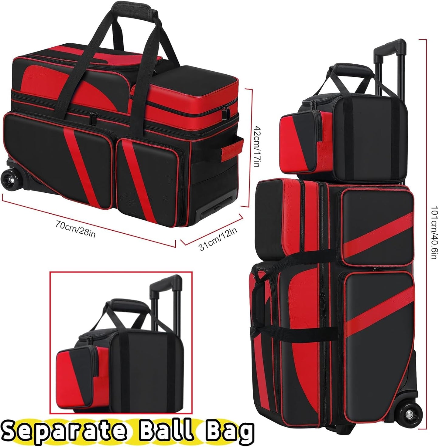 4 Ball Bowling Bags with Wheels, Bowling Ball Bag with Multi-Pockets,4 Ball Bowling Bag with Secure Buckle Fixed Ball Cup & Shoe Compartment,3 Ball Bowling Bag+1 Ball Color Matching Add On Tote
