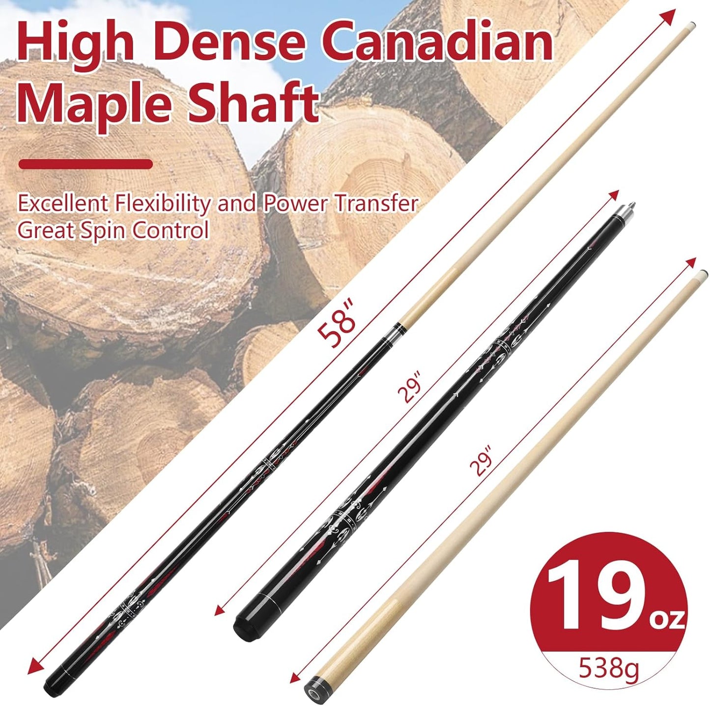 Pool Cue, 58" Billiard Cue Stick 2-Piece 13mm Maple Wood Pool Cue Stick 18 19 20 21oz for Bar House Pool Table Sports