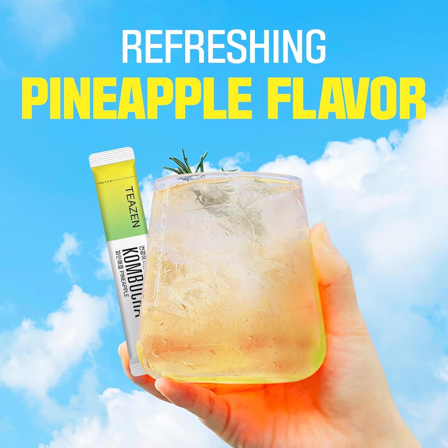 TEAZEN Pineapple Kombucha Tea, Hydration Drink Mix, Sugar Free, Live Probiotics & Prebiotics, 10 Sticks, 1.76oz