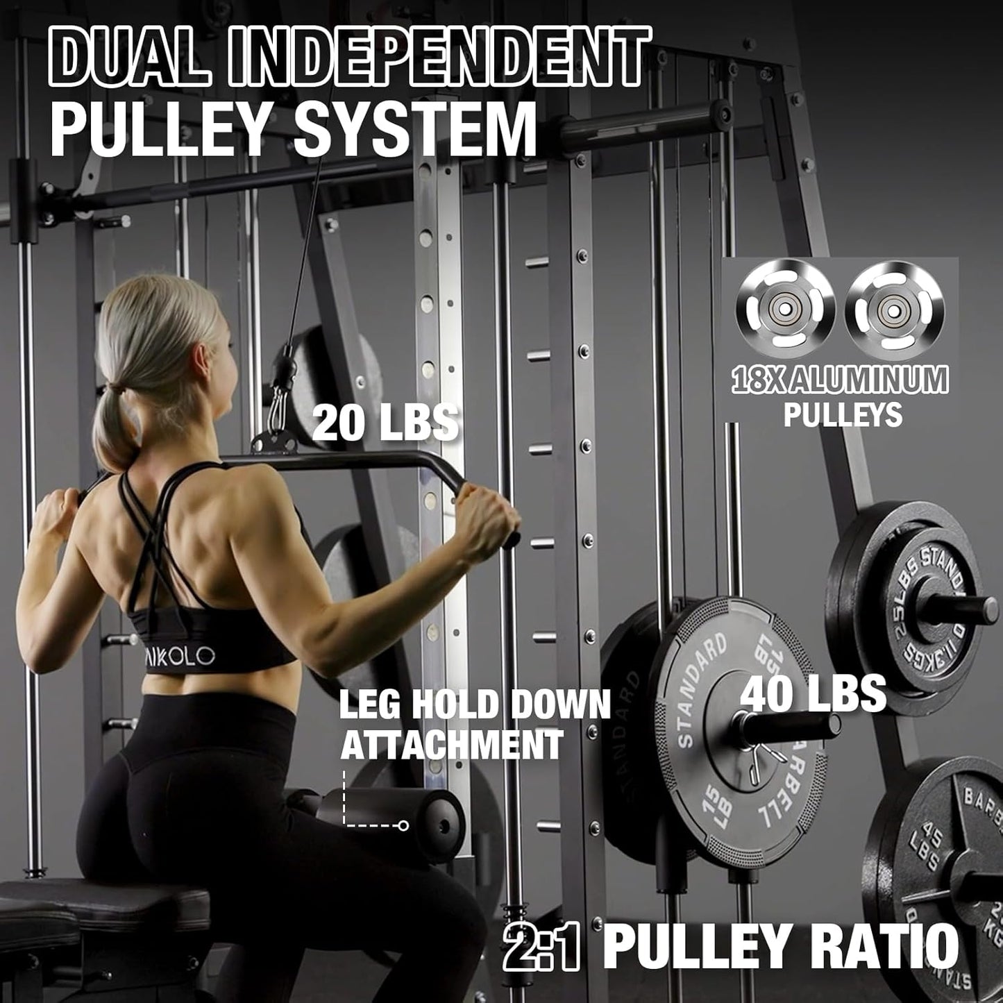 Mikolo Smith Machine, 2200lbs Squat Rack with LAT-Pull Down System & Cable Crossover Machine, Training Equipment with Leg Hold-Down Attachment