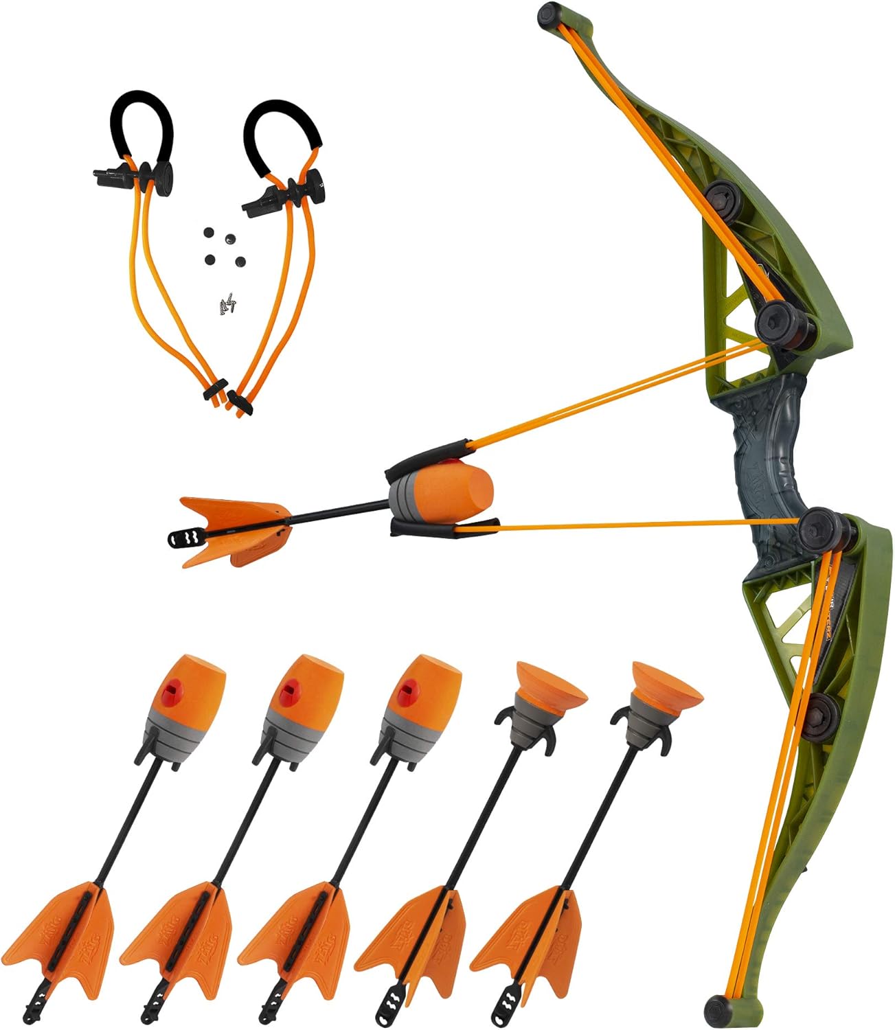 Zing Air Hunterz Z-Curve Bow Pack, 1 Green Bow, 4 Orange Zonic Whistle Arrows, 2 Orange Suction Cup Arrows and 1 Bungee, Shoots Arrows Up to 200 Feet