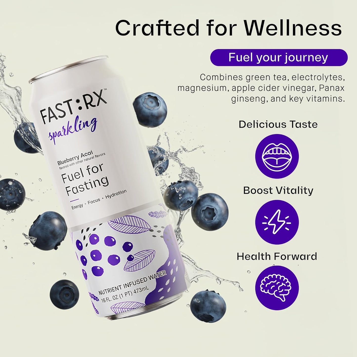 FASTRX Blueberry Acai Sparkling Fasting Electrolyte Drink – Hunger Suppressant, Includes Essential Electrolytes and Vitamins, De-Sugared Lemon Juice – Zero Sugar, 16 Fl Oz, Pack of 12