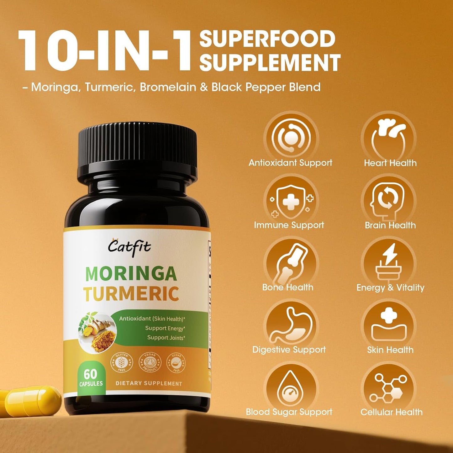 2 Pack Moringa Capsules 10-in-1 Superfood Supplement – Turmeric Curcumin, Bromelain & Black Pepper – Antioxidant, Energy & Skin Support – Vegan, Non-GMO
