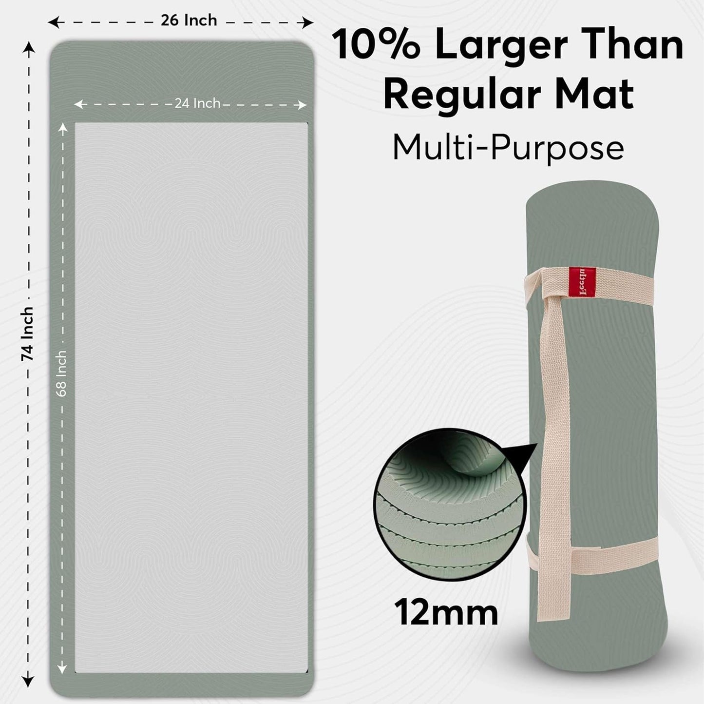 Extra Thick 12mm Exercise Mat – Non-Slip, Joint-Friendly & Cushioned Fitness Mat for Yoga, Pilates & Floor Workouts – Durable, Supportive & Includes Feetlu Classic Strap