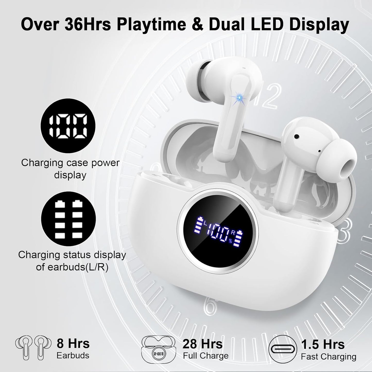 Wireless Earbuds, 2025 Bluetooth 5.4 Headphones 3D Stereo Hi-Fi Bass Ear Buds, 4 ENC Noise Cancelling Mic, 40+Hrs USB-C in-Ear Earphone Sport, IP-X7 Waterproof Workout Gym for Android iOS Laptop Pad