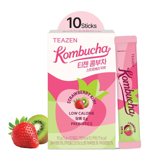 TEAZEN Strawberry Kiwi Kombucha Tea, Hydration Drink Mix, Sugar Free, Live Probiotics & Prebiotics, 10 Sticks, 1.76oz