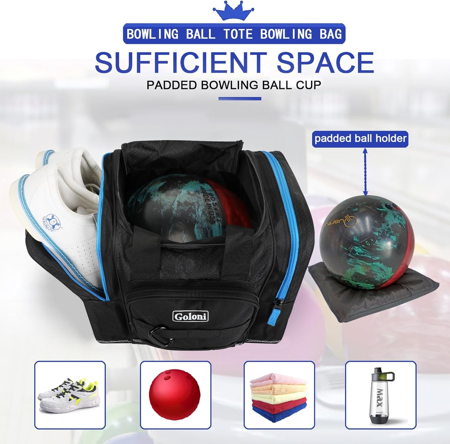 Goloni Bowling Ball Bag for Singer Ball with Padded Ball Holder, 2 Pockets fit Bowling Shoes Up to Mens Size 14 and Accessories