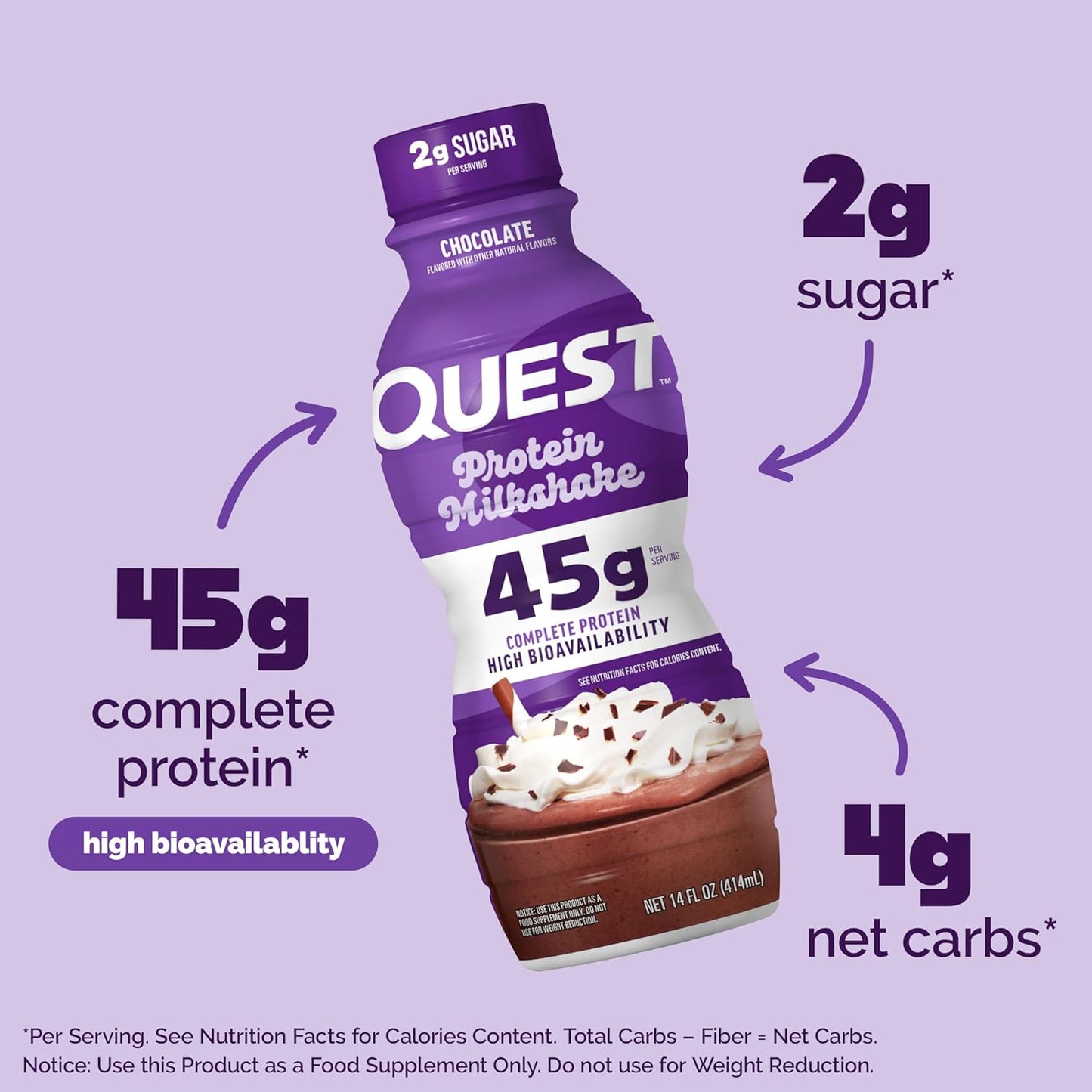 Quest Nutrition Chocolate Protein Shake, 45g Protein, 2g Sugar, 4g Net Carbs, Ready to Drink, Gluten Free, 4 Count