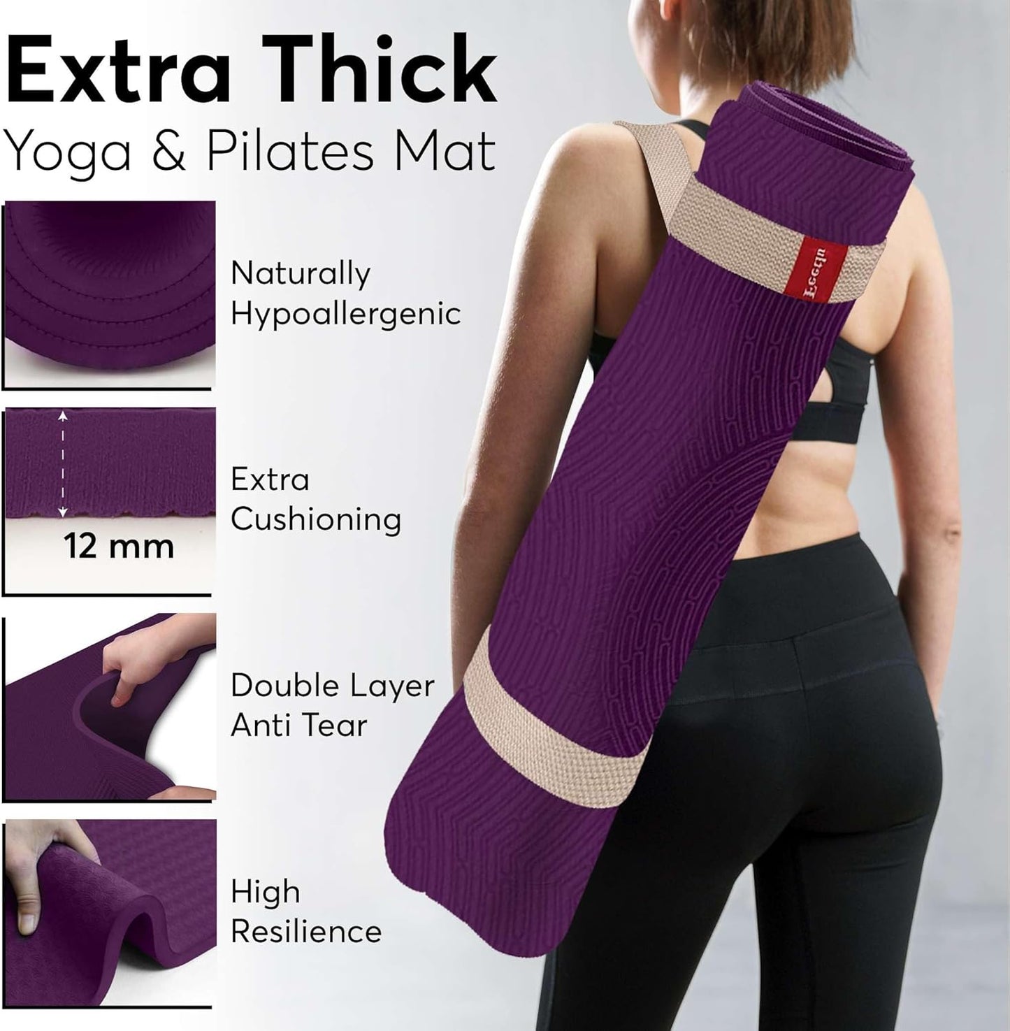 Extra Thick 12mm Exercise Mat – Non-Slip, Joint-Friendly & Cushioned Fitness Mat for Yoga, Pilates & Floor Workouts – Durable, Supportive & Includes Feetlu Classic Strap