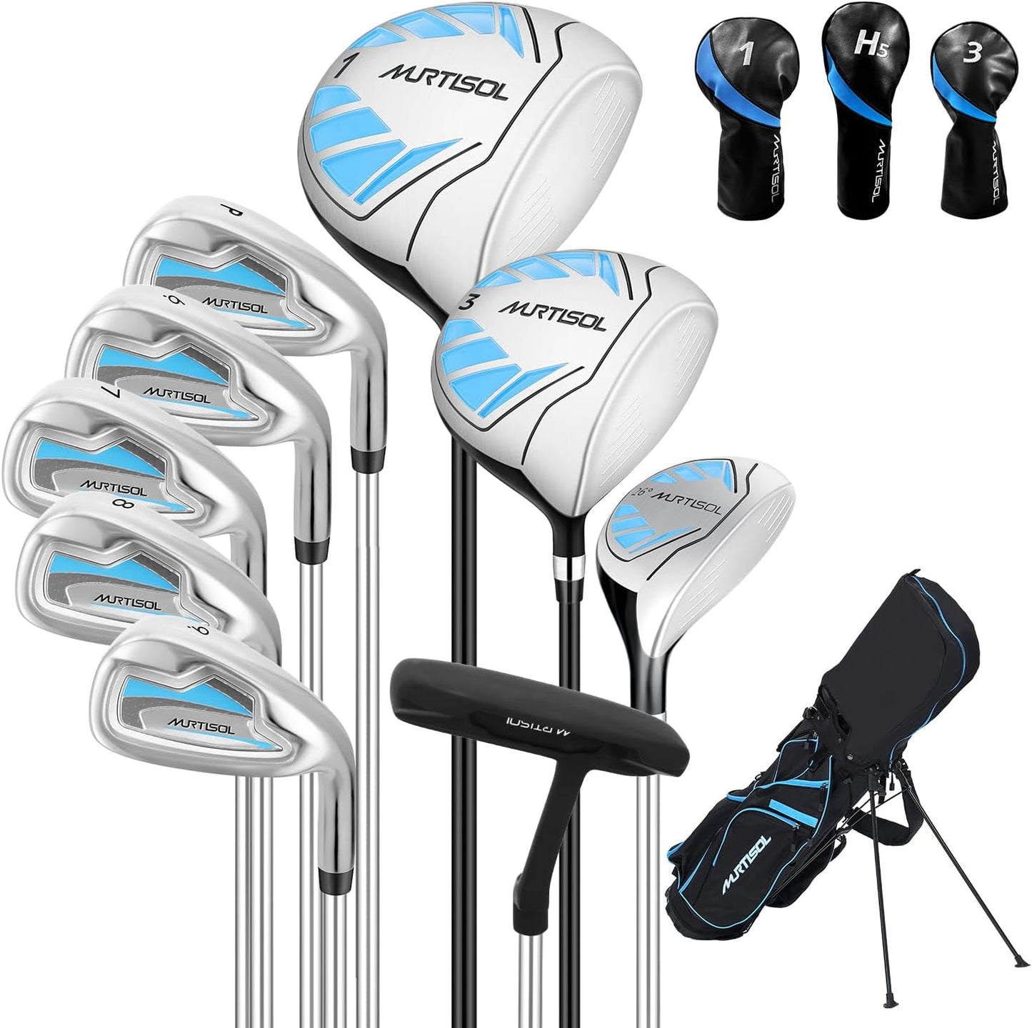 10 Pieces Complete Mens Womens Golf Clubs Set Right Hand for Men Women Includes Stand Bag with Rain Hood, 1#Driver 3#Wood #5 Hybrid,with 3 Head Covers, 6# 7# 8# 9# PW# Irons and Putter