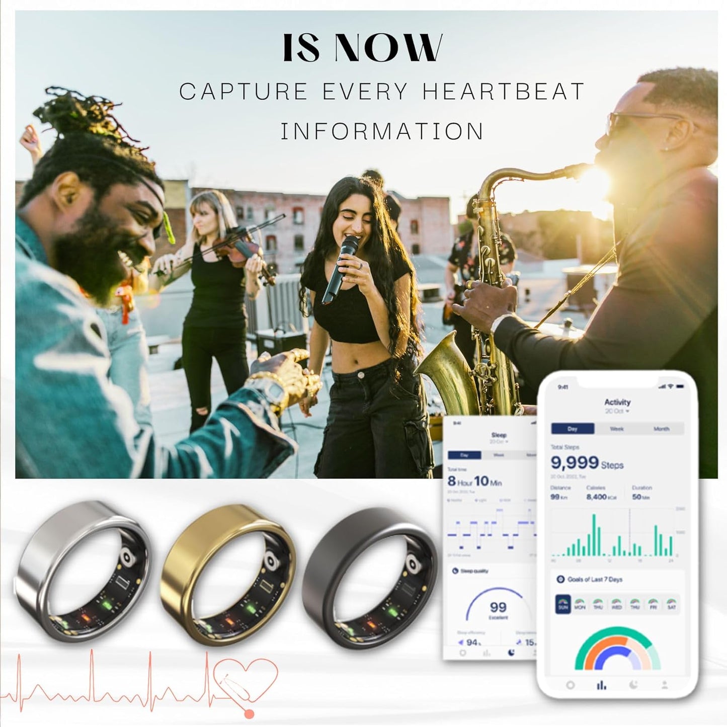 Smart Ring for Women Men Fitness & Sleep Tracker with Heart Rate, SpO2, Stress, Cycle Monitoring, Step Counter, IP68, No Subscription (Gold, #10-62.1mm/2.44")