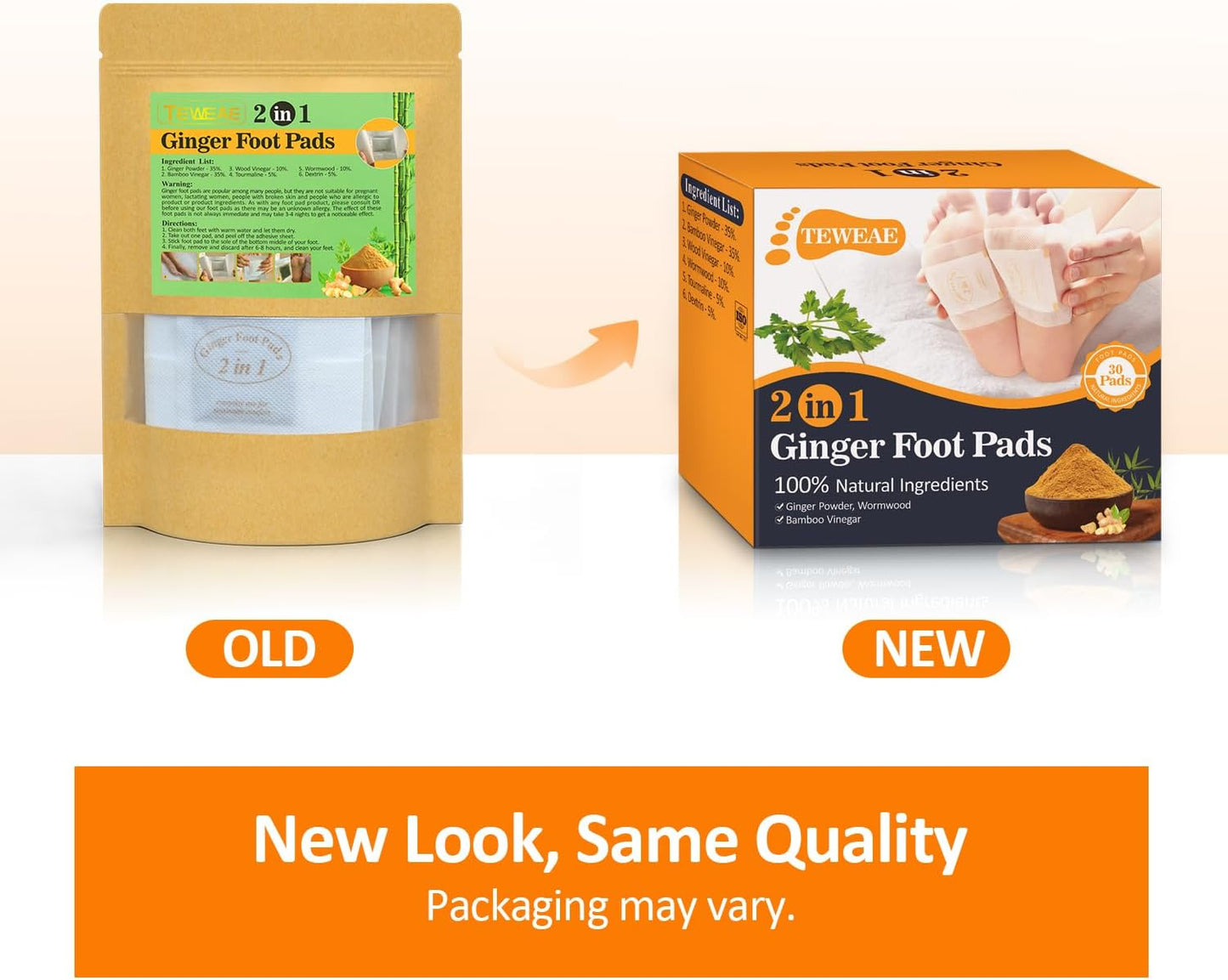 2 in 1 Foot Pads, 30 Pads Tear and Use Pure Ginger Bamboo Wormwood Foot Pads, Bigger Adhesive ''Stay in Place'' Goodnight Pads