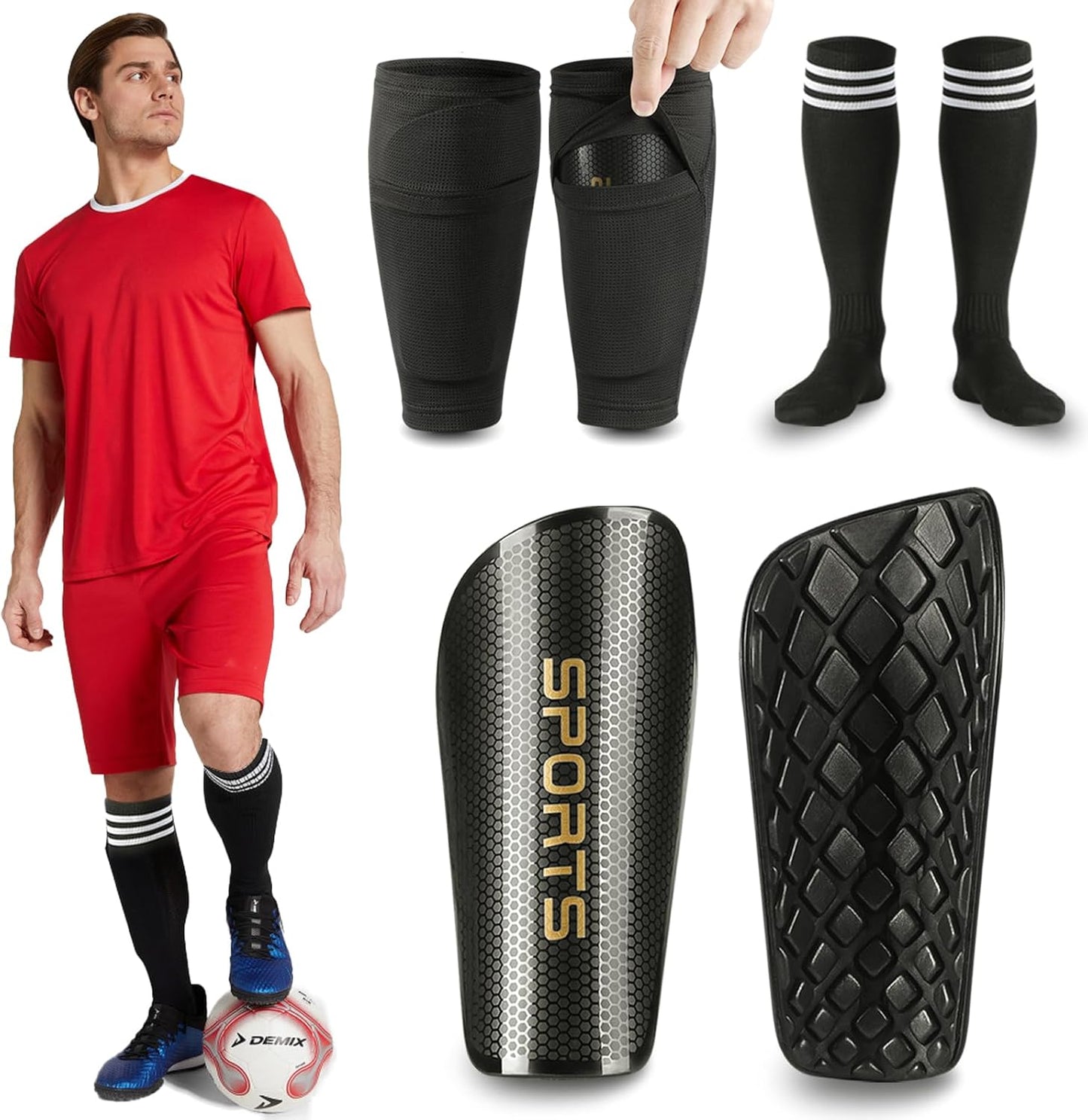 Soccer Shin Guards for Kids Adults, Toddler Shin Pads Set with Sleeves and Long Soccer Socks for Age 2-16 Boys & Girls, Youth &Men, Lightweight Soccer Equipment