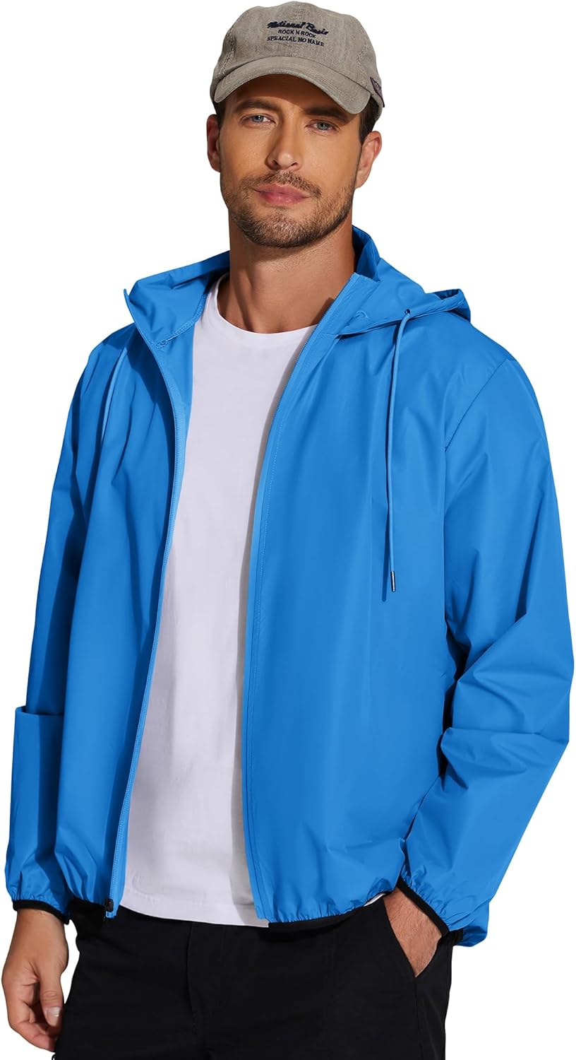 COOFANDY Men's Packable Rain Jacket Lightweight Waterproof Raincoat with Hood Travel Hiking Golf Windbreaker