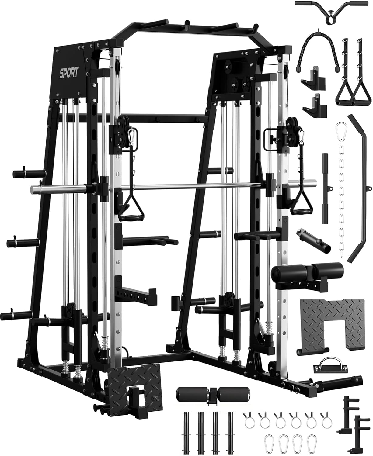 Smith Machine Home Gym, 2200 LBS All in One Squat Rack Power Cage with Smith Bar, Cable Crossover System & LAT-Pull Down System, Training Equipment