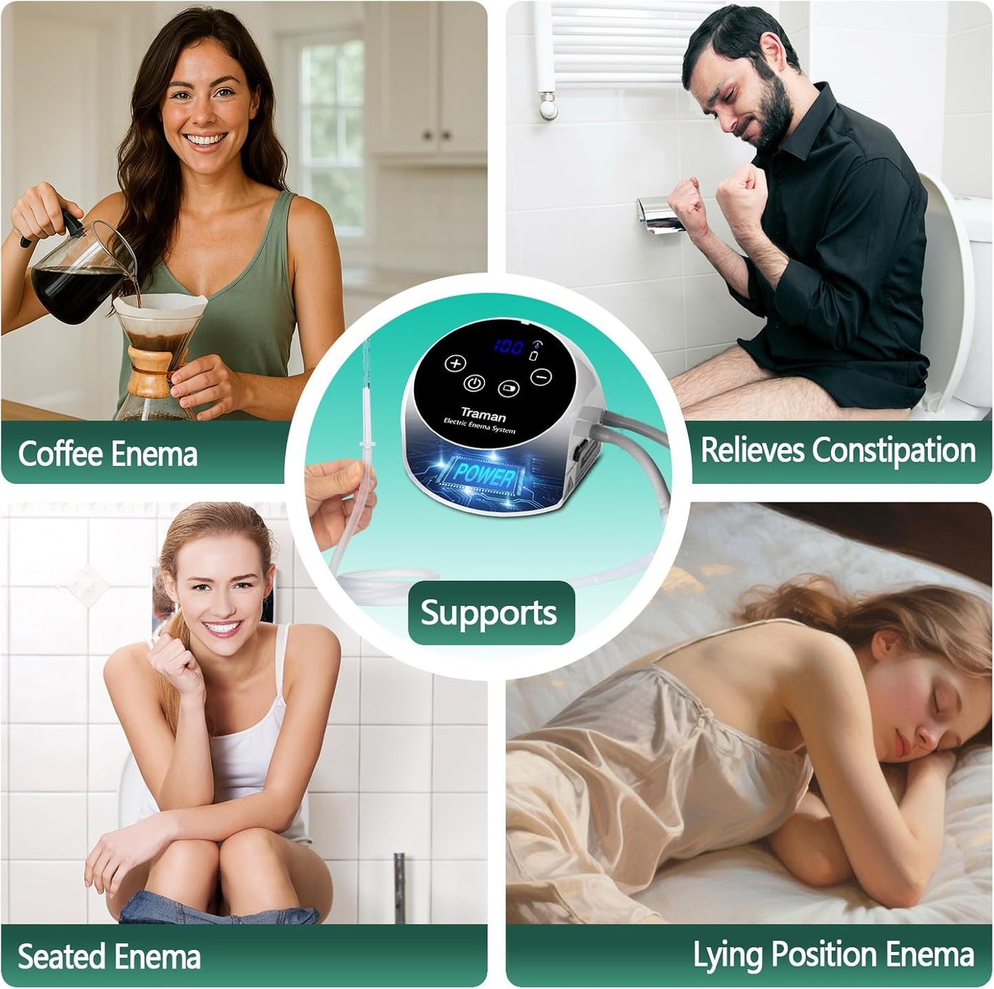 TRAMAN-Enema-Kit, Detox-Enemas for Colon-Cleanse for Women Men, Coffee Enema Coffee-Organic Cleanse Kit, Electric Water Flow Speed Control with LCD Display, Pressure Spray, External Water Supply