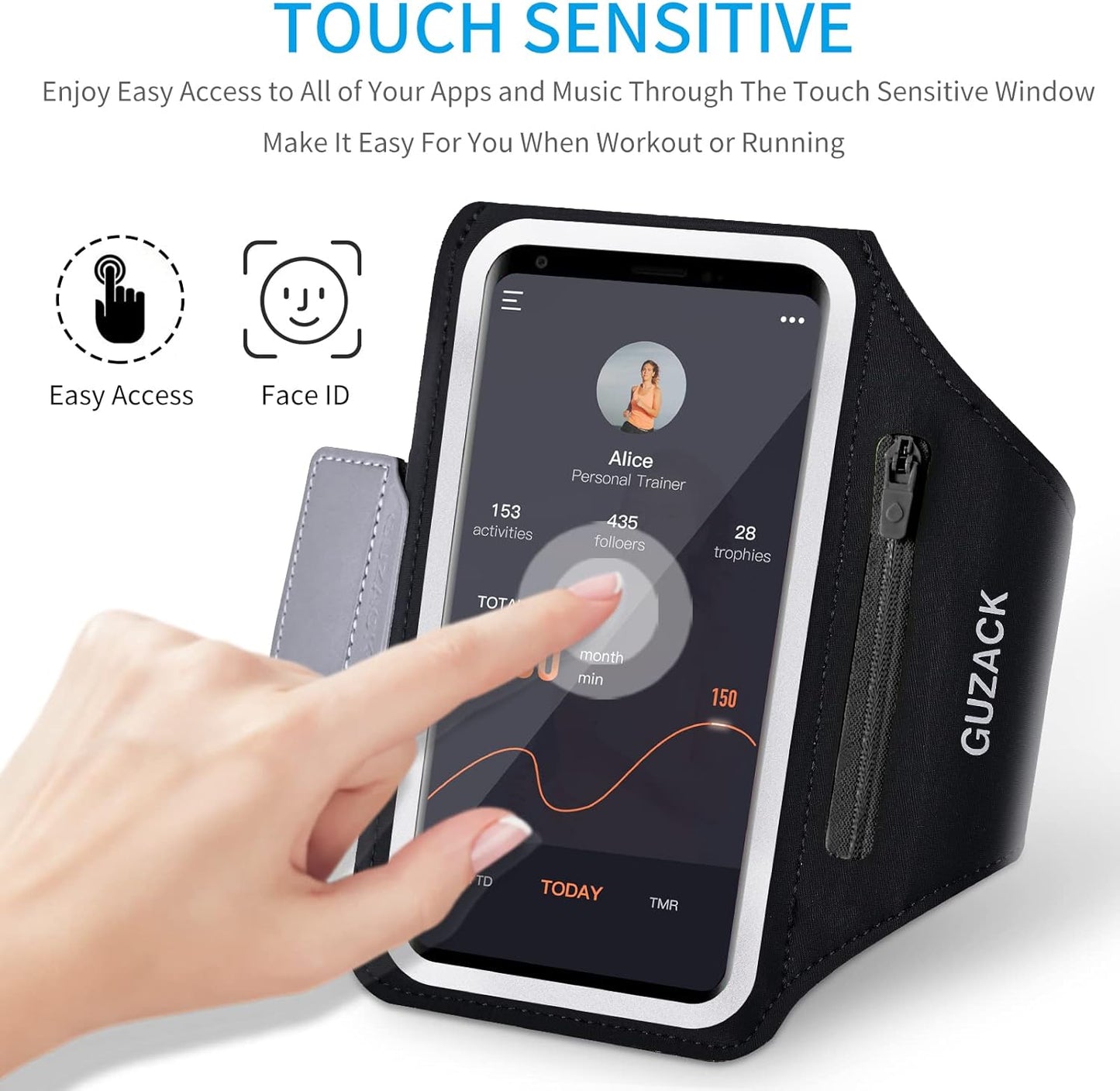 GUZACK Running Phone Holder with Zipper Pouch, Running Armband for iPhone 16 Pro/15/14/13/12/11 Pro Max/Plus/XR/XS, Galaxy S25/S24/S23/S22, Cell Phone Arm Holder with Card Slot - Size S