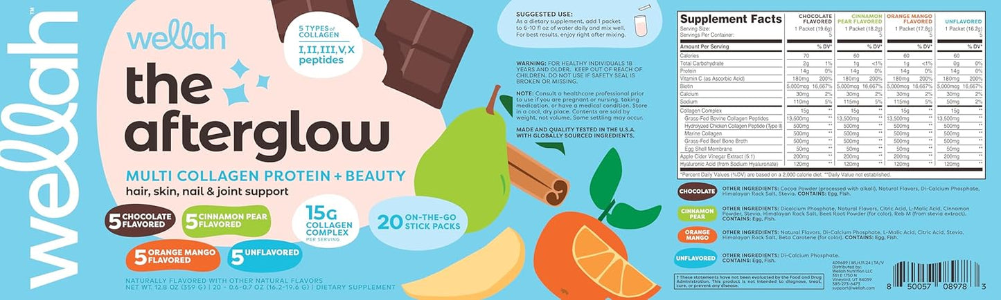 Wellah The Afterglow Multi Collagen Protein + Beauty (Variety Pack) 20 Stickpacks - 15G Collagen Complex Per Serving