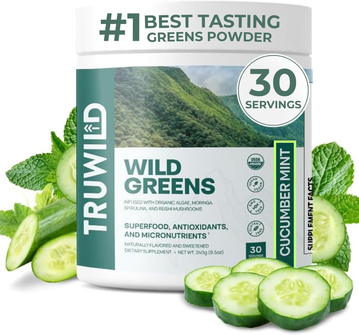 TruWild Greens Superfood Cucumber Powder, with 22+ Greens & Anti-Oxidants, Delicious Green Juice Powder, Natural Immune, Stress, Digestion Support, 30 Servings Per Tub (Cucumber Mint)