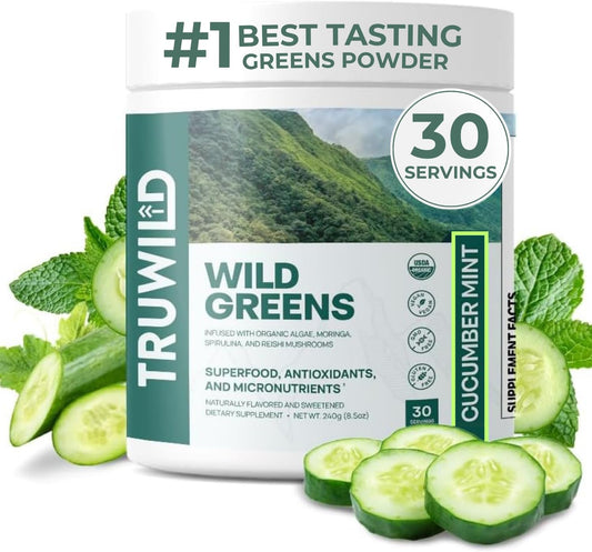 TruWild Greens Superfood Cucumber Powder, with 22+ Greens & Anti-Oxidants, Delicious Green Juice Powder, Natural Immune, Stress, Digestion Support, 30 Servings Per Tub (Cucumber Mint)