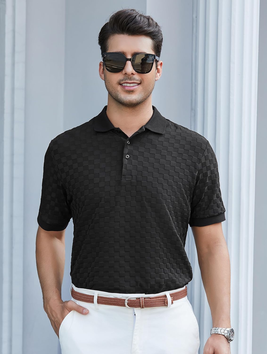 Esabel.C Golf Shirts for Men Dry Fit Performance Short Sleeve Print Moisture Wicking Collared Shirt