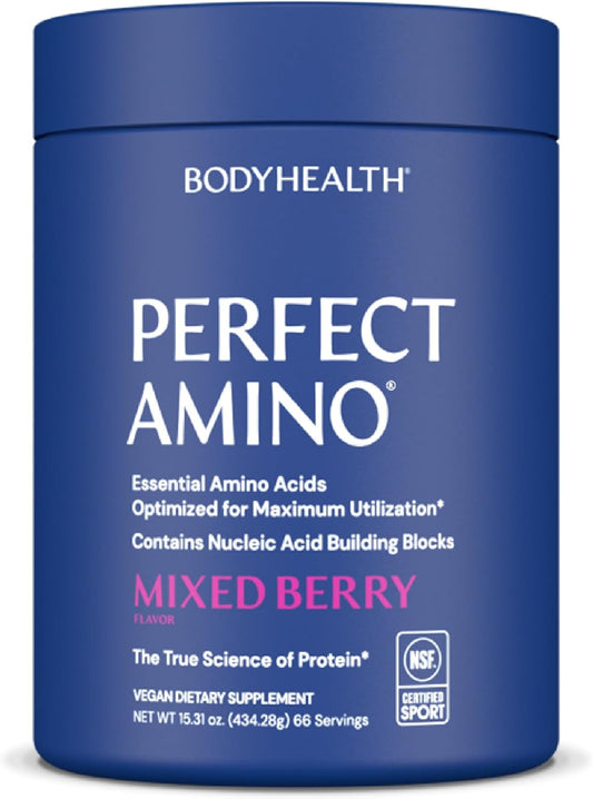 BodyHealth PerfectAmino Powder - BCAA and EAA Powder for Pre and Post Workout - Amino Acid Energy Drink to Support Lean Muscle and Recovery - NSF Certified for Sport - Mixed Berry - 66 Servings