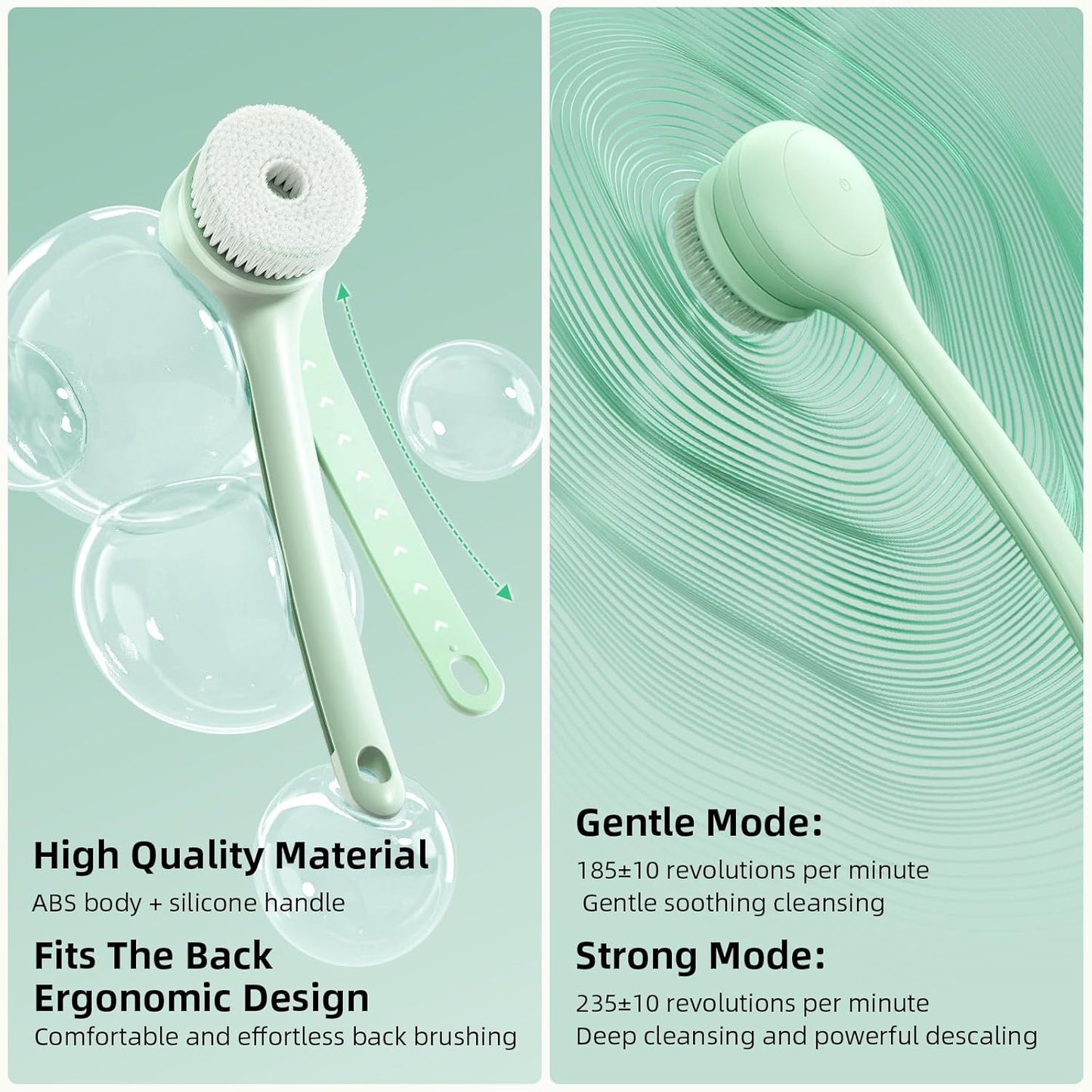 Electric Body Brush Back Scrubber for Shower, Waterproof Long Dual Handle Power Body Scrubber with 3 Heads, Rechargeable Bath Brush & 2 Speeds, for Cleansing, Exfoliating and Massaging Skin