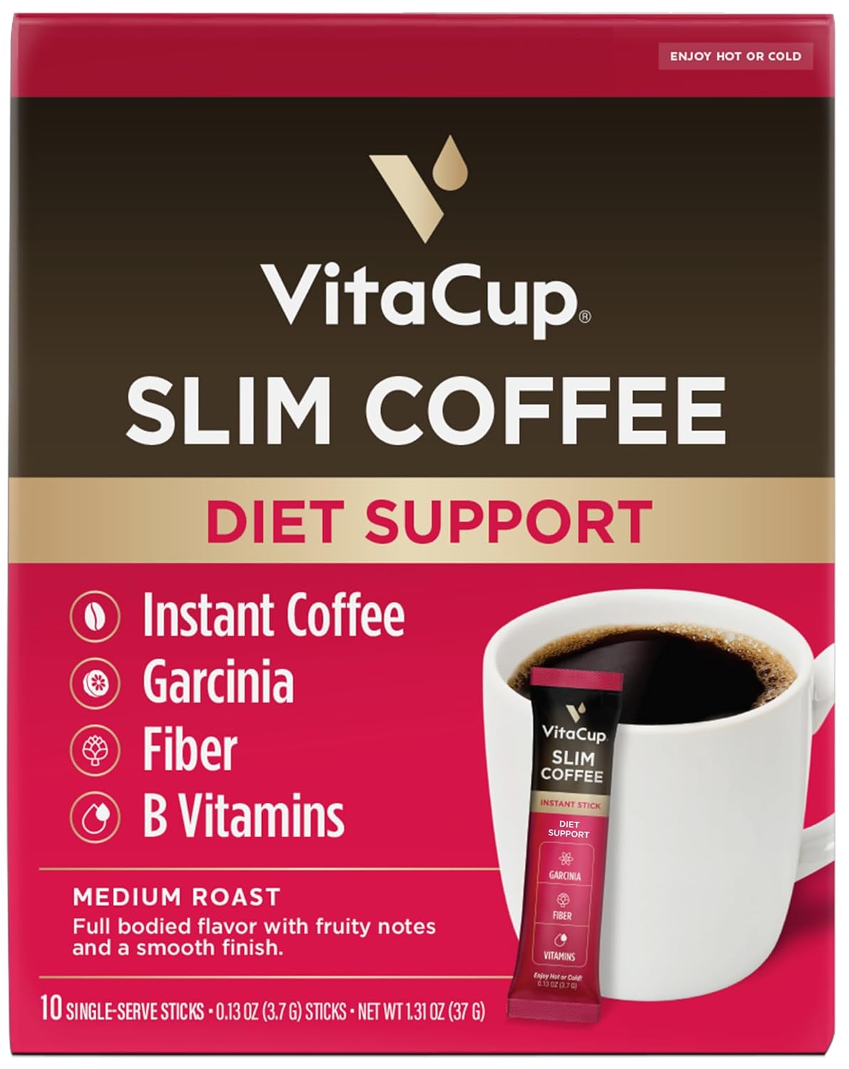 VitaCup Slim Instant Coffee Packets, with Garcinia, Fiber, B Vitamins, Bold & Smooth, Medium Dark Roast, 100% Arabica Coffee in Single Serve Sticks, 10 Ct