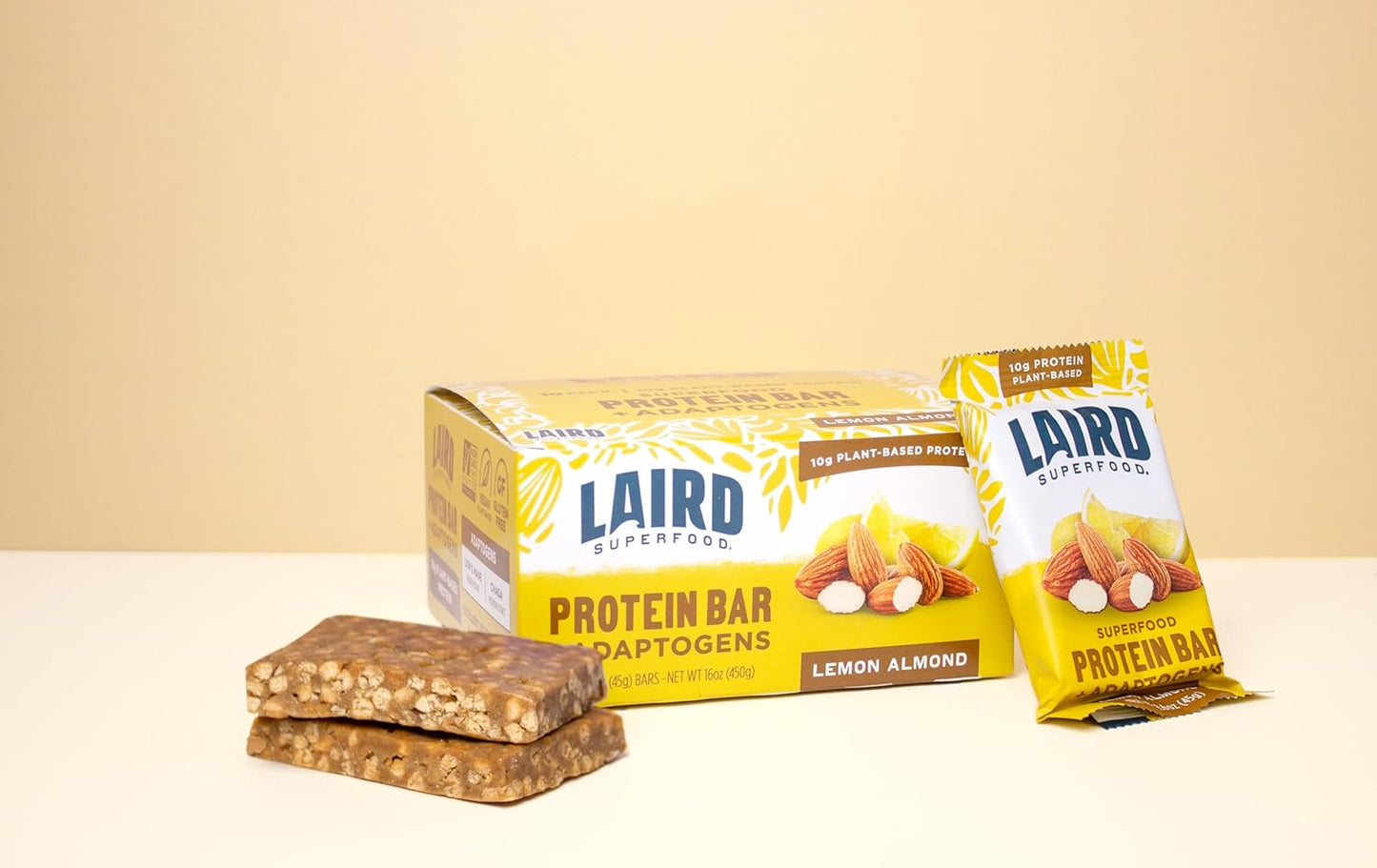 Laird Superfood Functional Protein Bars – Protein Bar but Better with Real Ingredients, Functional Mushrooms 10g Plant-Based Protein, 6g Fiber - Non-GMO - Lemon Almond, 10 Count (Pack of 1)