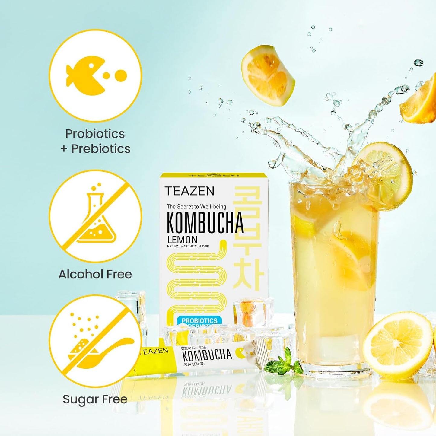 TEAZEN Lemon Kombucha Tea, Hydration Drink Mix, Sugar Free, Live Probiotics & Prebiotics, 10 Sticks, 1.76oz