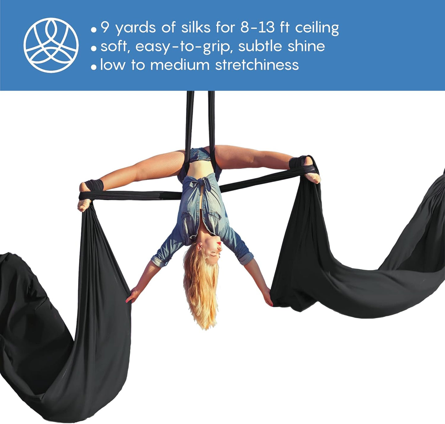 Aerial Silks Starter Kit - Durable 9 Yards of Aerial Yoga Hammock with Hardware & Guide - Aerial Swing for Acrobatic Flying Yoga & All Levels (Aerial Rigging Point Up to 13ft)
