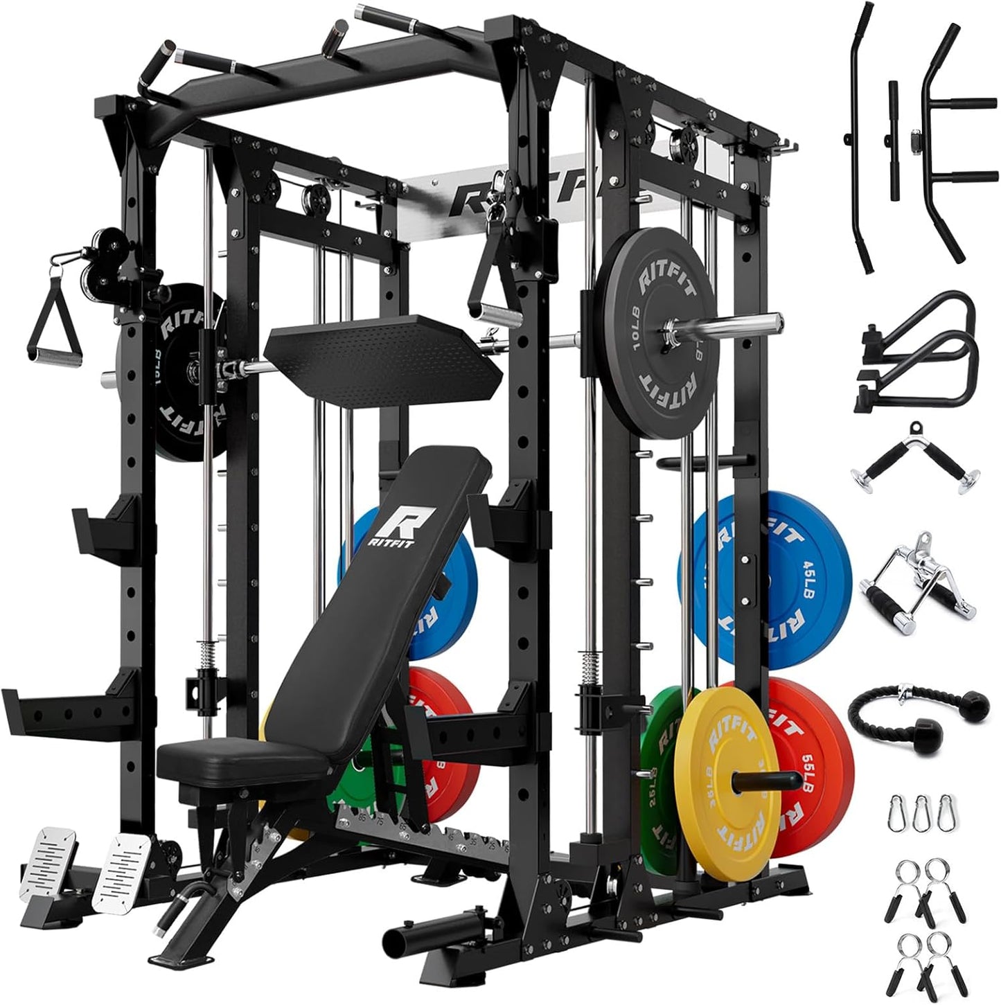 RitFit Buffalo Smith Machine, Power cage with LAT-Pull Down System & Cable Crossover System, All-in-One Squat Rack for Home Gym, Power Rack