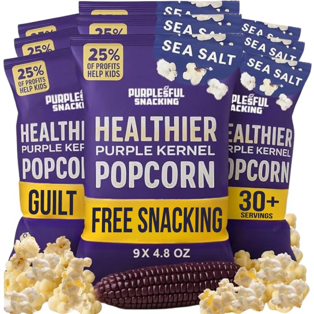 Purplesful Purple Corn Popcorn, Silkier, Creamier & Healthy Popcorn, Vegan-Friendly, Non-GMO, Flavorful Popped Corn Gourmet Snack, Sea Salt, Big Bulk Pack - 4.8 Oz Per Pack (Pack of 9)