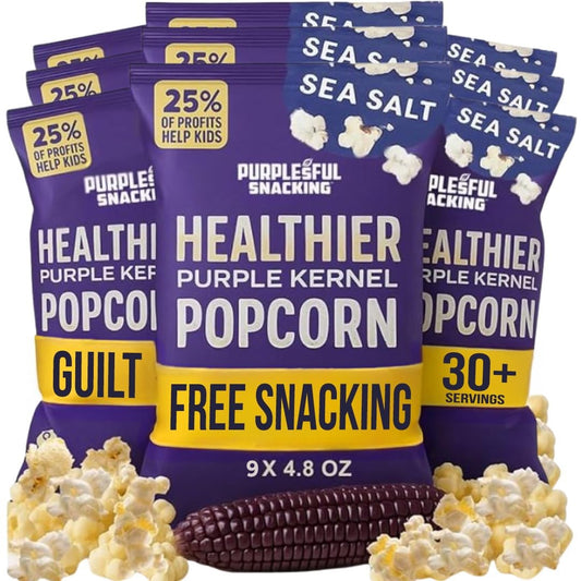 Purplesful Purple Corn Popcorn, Silkier, Creamier & Healthy Popcorn, Vegan-Friendly, Non-GMO, Flavorful Popped Corn Gourmet Snack, Sea Salt, Big Bulk Pack - 4.8 Oz Per Pack (Pack of 9)