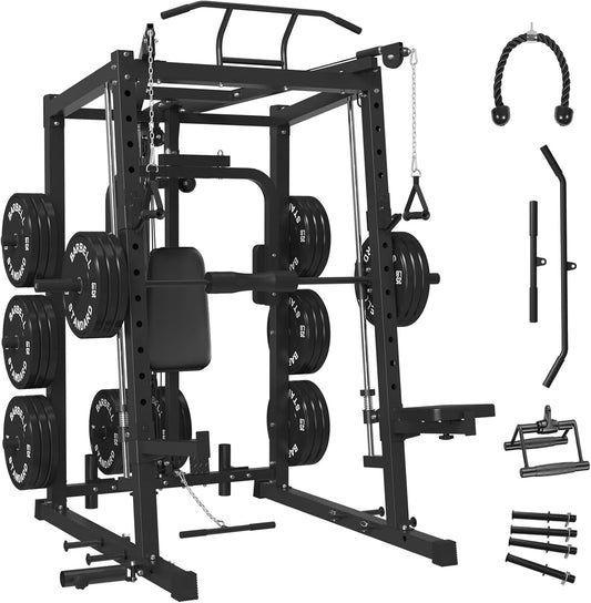Mikolo All-in-One Smith Machine Home Gym, 2000LBS Power Cage with Cable Crossover System, Integrated Squat Rack with Weight Bar for Full-Body Training—LAT Pulldown, T-Bar Row, Triceps, Chest Fly